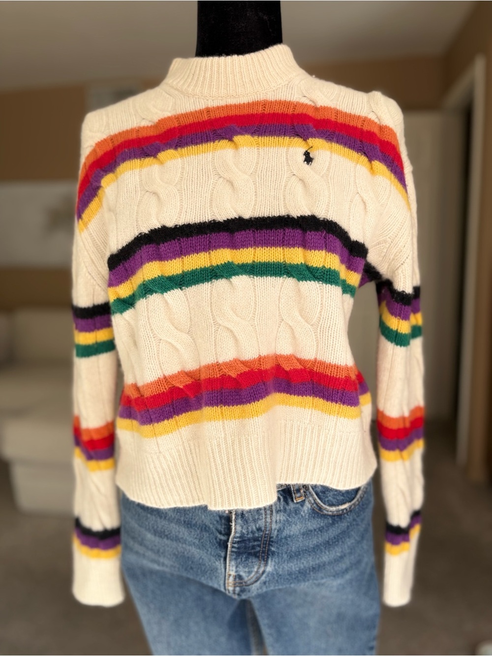 POLO Ralph Lauren Cream Cable Knit Sweater with Rainbow Stripes size medium